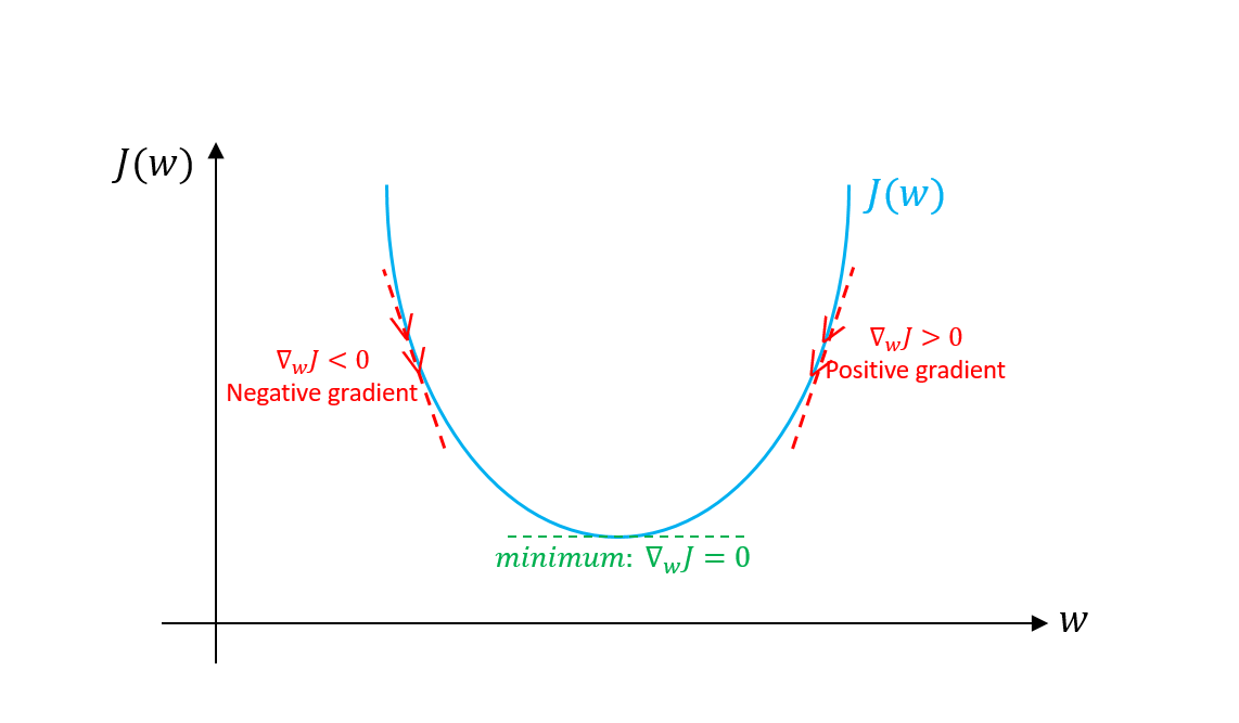 **Figure 3**: Gradient descent. An illustration of how gradient descent algorithm uses the first derivative of the loss function to follow downhill it’s minimum.